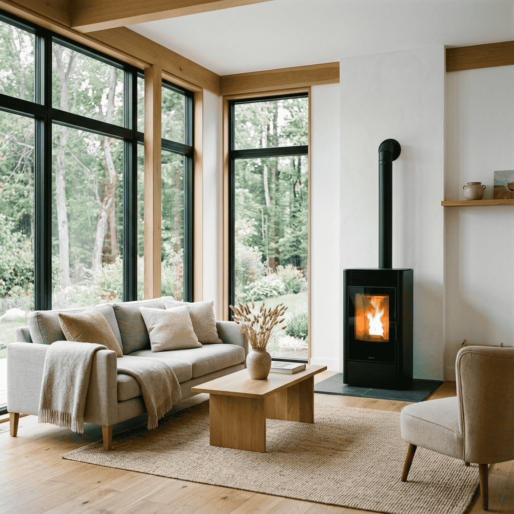 Poêle à granulés programmable dans un intérieur moderne
